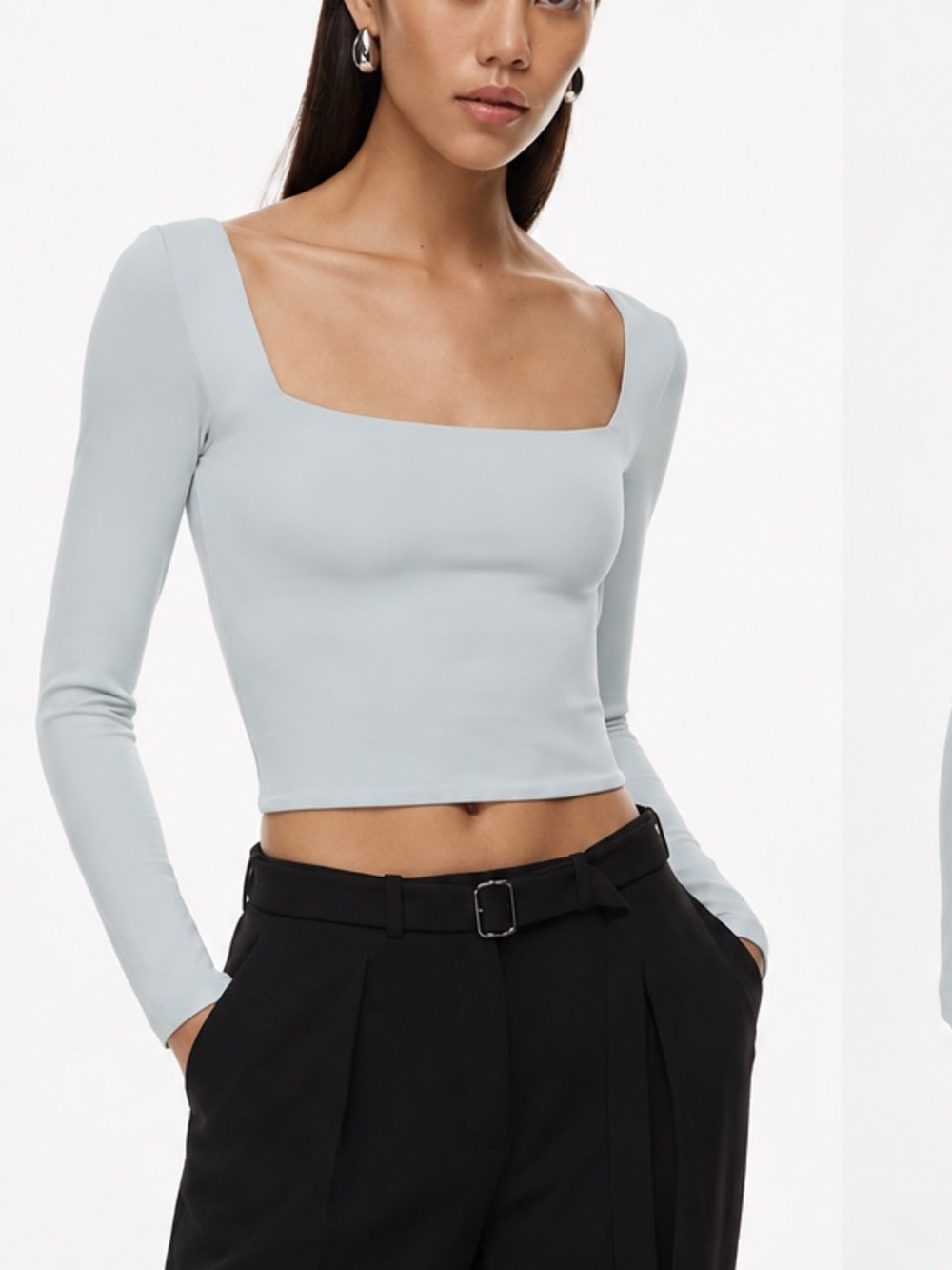 Aritzia Babaton Contour Square Neck Long Sleeve Top Azul Grey M